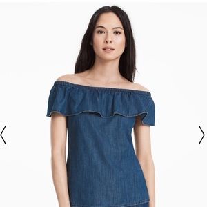 Cotton denim flounce off the shoulder TOP
